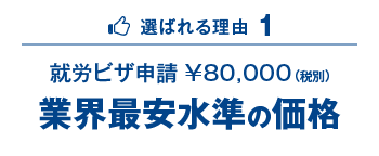 選ばれる理由1 就労ビザ申請 80,000円～(税別) 業界最安水準